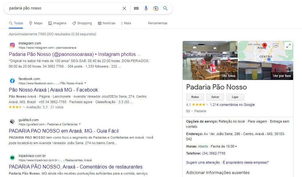 Exemplo do NAP com informações da empresa buscada.